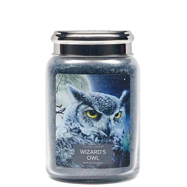 Village Candle Duftkerze im Glas (groß) Wizards Owl - Fantasy Edition - Kerze mit 2-Docht Technologie