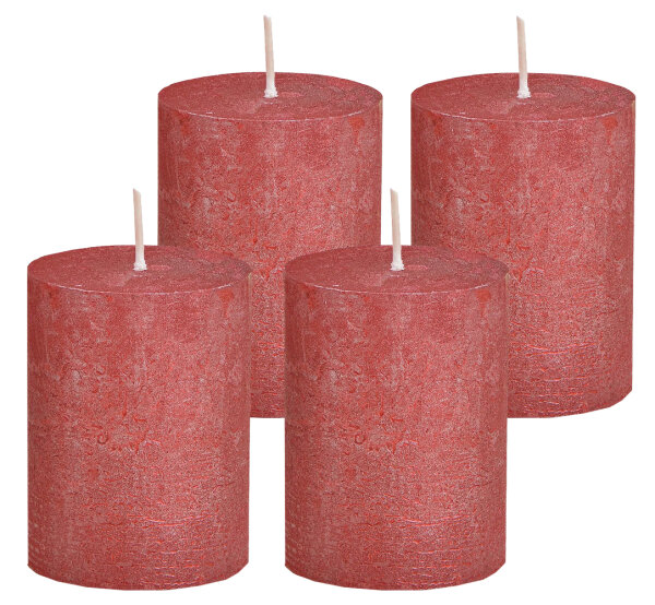 Stumpenkerze, durchgefärbt Shimmer Finish Rot  (4er Set) 9 x 6,8 cm - Kerze für Adventskranz, Kerzen