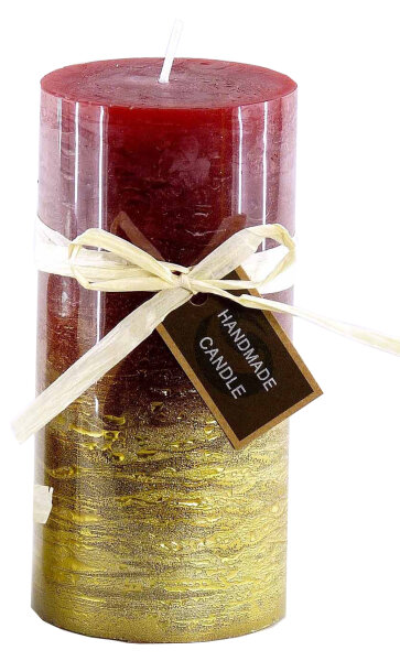 Stumpenkerze, handgemacht Rot-Gold-Metallic 14 x 6,8 cm - Kerze für Adventskranz, Kerzen