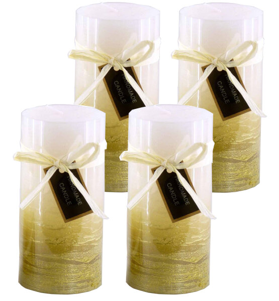 Stumpenkerze, handgemacht 14 x 6,8 cm (4er Set) Weiss-Gold-Metallic - Kerze für Adventskranz, Kerzen