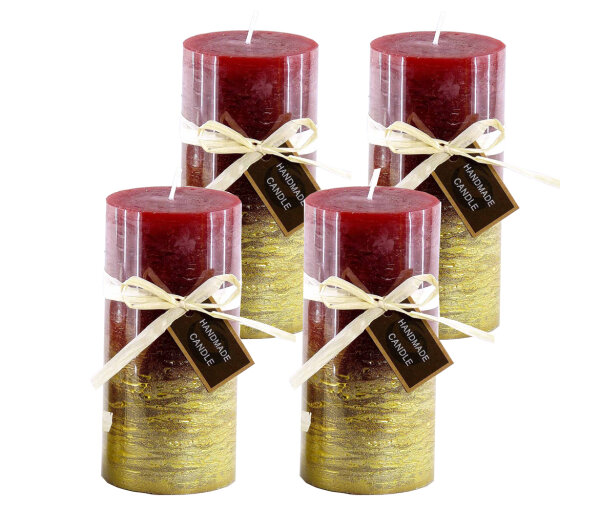 Stumpenkerze, handgemacht 14 x 6,8 cm (4er Set) Rot-Gold-Metallic - Kerze für Adventskranz, Kerzen