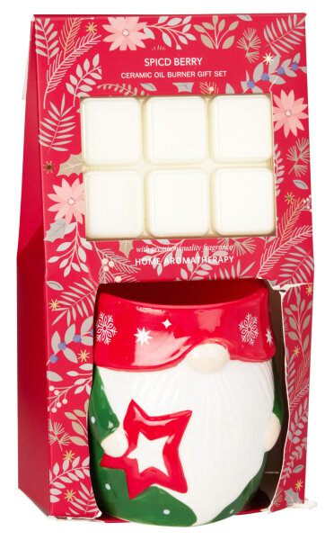 Geschenkset Ölbrenner Weihnachtswichtel mit Duftwachs Spiced Berry - Wichtel Wachswärmer, Verdunster Weihnachten, Duftlampe, Aromalampe für Duftöl und Duftwachs, Deko Advent