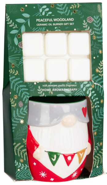 Geschenkset Ölbrenner Weihnachtswichtel mit Duftwachs Peaceful Woodland - Wichtel Wachswärmer, Verdunster Weihnachten, Duftlampe, Aromalampe für Duftöl und Duftwachs, Deko Advent